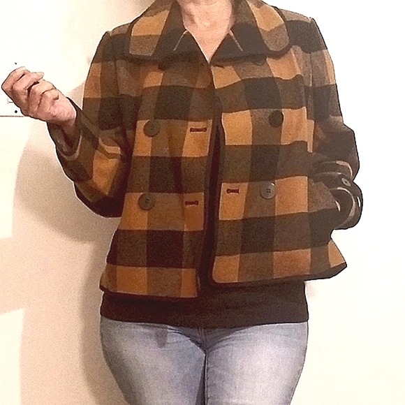 Ann Taylor Loft Wool Black Mustard Plaid Light coat Jacket - Picture 4 of 10